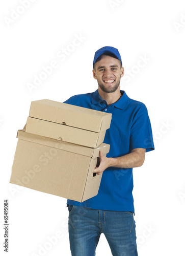 Young handsome delivery guy with boxed parcels © GeoffGoldswain