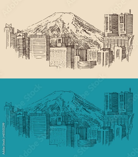 Japan, Tokyo, city architecture, vintage engraved illustration