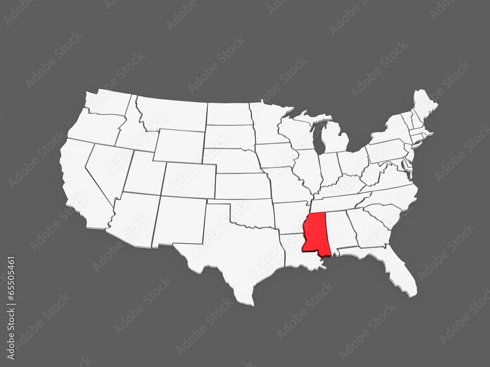 Three-dimensional map of Mississippi. USA.