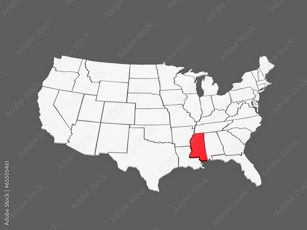 Fototapeta premium Three-dimensional map of Mississippi. USA.