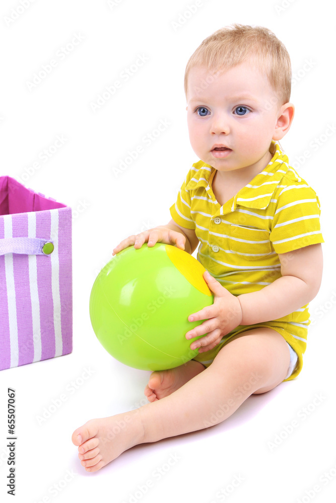 Cute little boy with textile box and ball isolated on white Cute little boy with textile box and ball isolated on white
