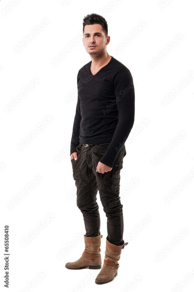 Beautiful male model standing on white background.