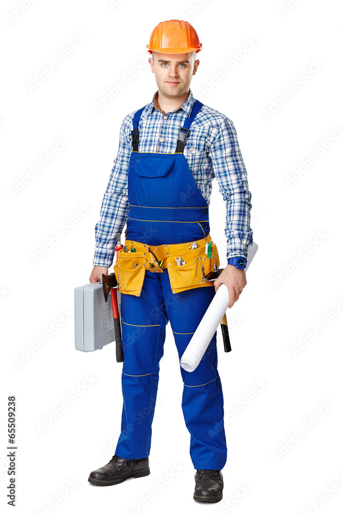 Construction worker with toolbox and drawings Construction worker with toolbox and drawings