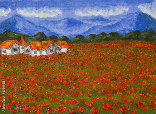 Meadow with red poppies, oil painting