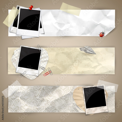 Horizontal banners with photo frames, fixed tape, paper clips