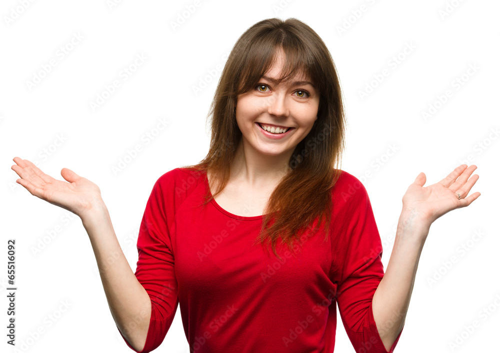 Portrait of a young woman raised her hands up Portrait of a young woman raised her hands up