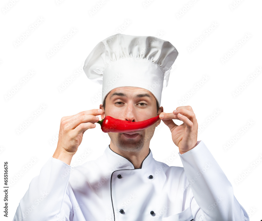 Funny portrait of a chef with a red pepper moustache