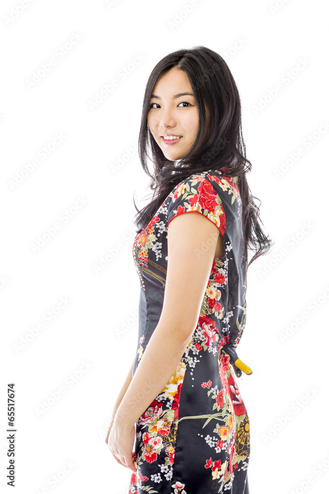 Asian young woman turning back isolated on white background