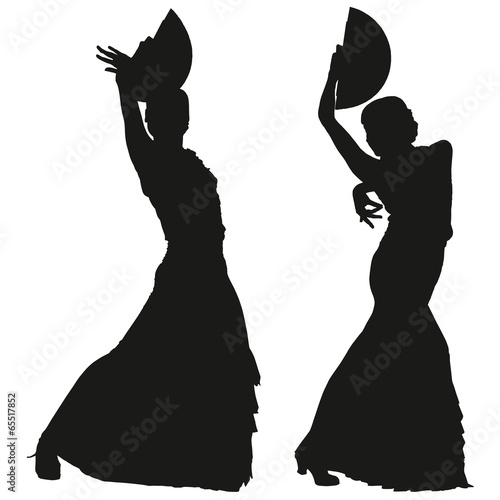 Two black silhouettes of female flamenco dancer