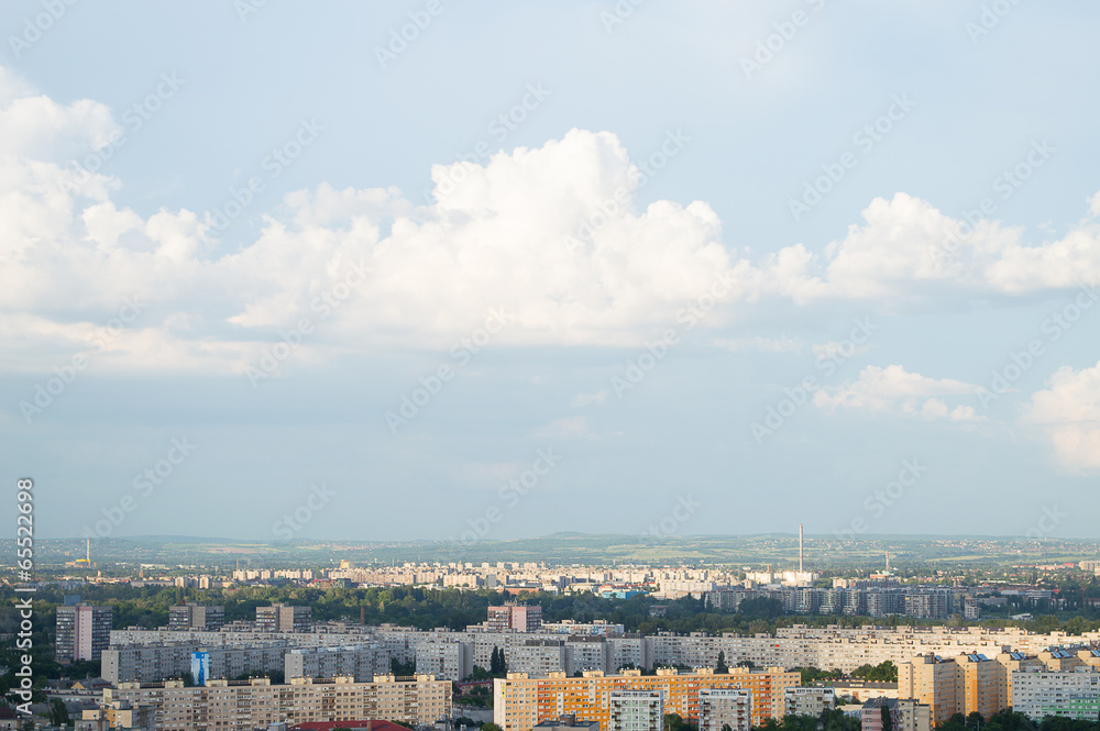 Typical socialist block of flats in Hungary with cloudy sky