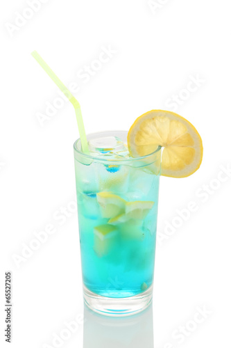 misted glass of lemonade with lemon and blue