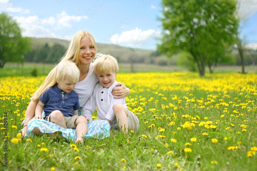 Mother and Two Children Relaxing in Flower Meadow Mother and Two Children Relaxing in Flower Meadow