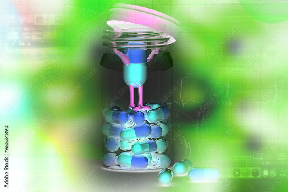 Pills and bottle,3d rendered illustration Pills and bottle,3d rendered illustration