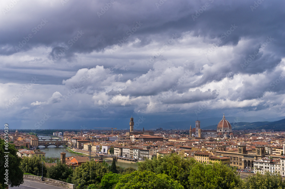 Panorama of Florence with dramatic sky before a storm, Tuscany