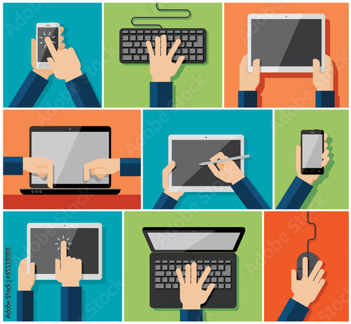 Vector set of flat hand icons holding various hi-tech computer a