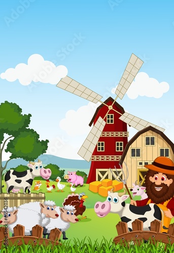 Funny farmer at his farm with a bunch of farm animals