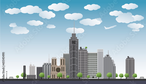 An imaginary big city with skyscrapers, blue sky,trees.