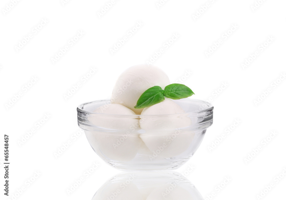 Mozzarella balls in glass bowl. Mozzarella balls in glass bowl.