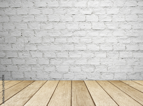 White brick wall and wooden floor  empty perspective room.