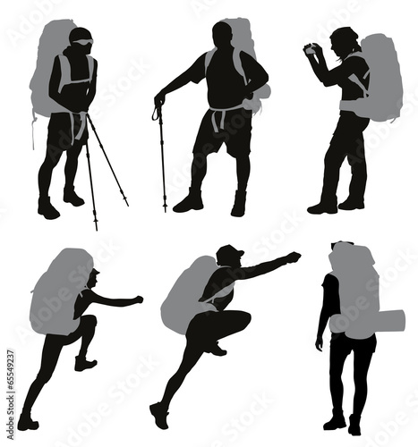 People with backpack vector silhouettes set. EPS 8