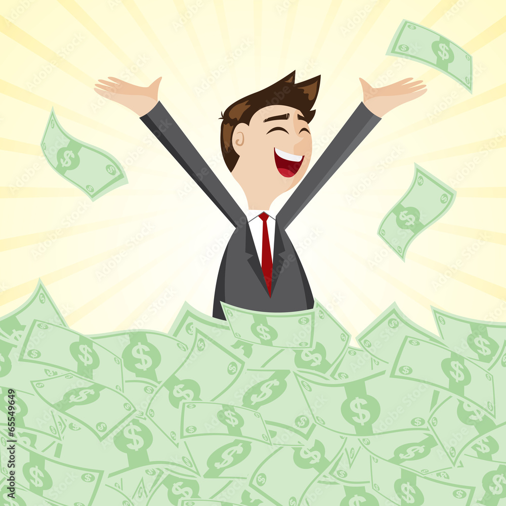 cartoon businessman on pile of money cash Stock-Vektorgrafik | Adobe Stock