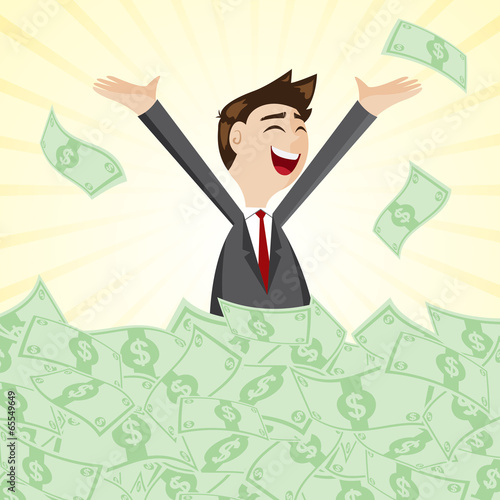 cartoon businessman on pile of money cash