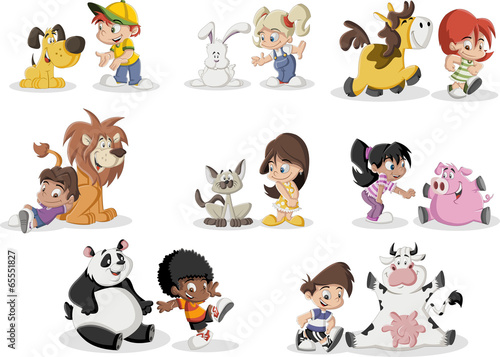Group of happy cartoon children playing with animals pet