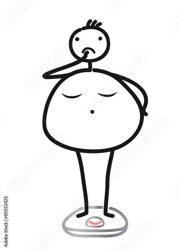 Diät - Gewicht auf Waage prüfen, Adipositas - schwerwiegende Krankheit, zu dicker Bauch, gefährliches Bauchfett, zu hohe Cholesterin Werte durch Bewegungsmangel
