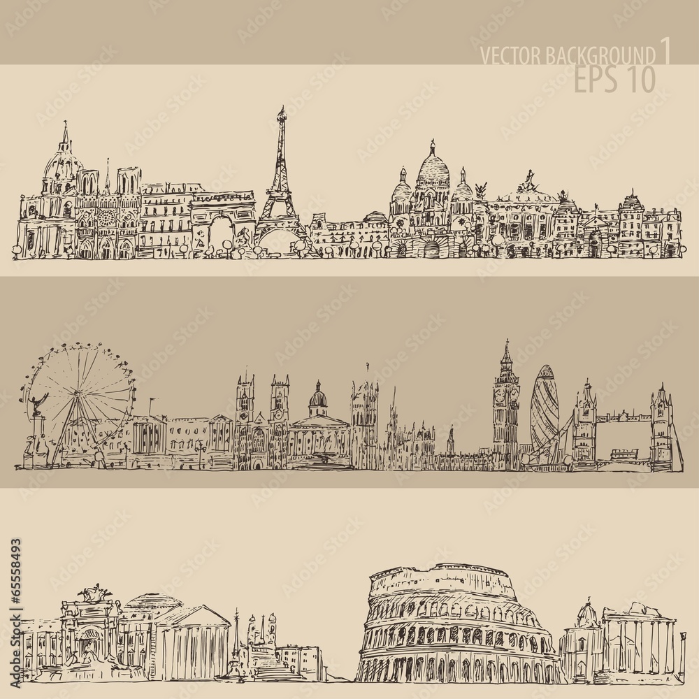 city set (London, Paris, Rome) engraved illustration