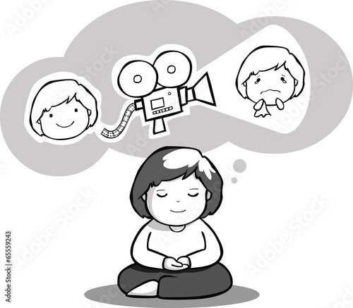 girl practice meditation black and white illustration