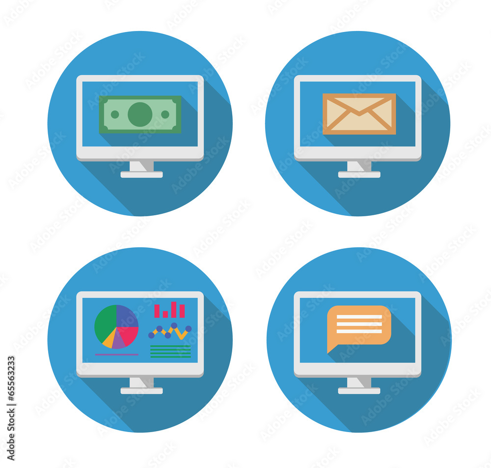 four vector icons of personal computer screen: money, email, inf four vector icons of personal computer screen: money, email, inf