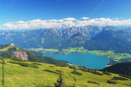 Panoramic view of the Dachstein and Lake Wolfgangsee  Austria
