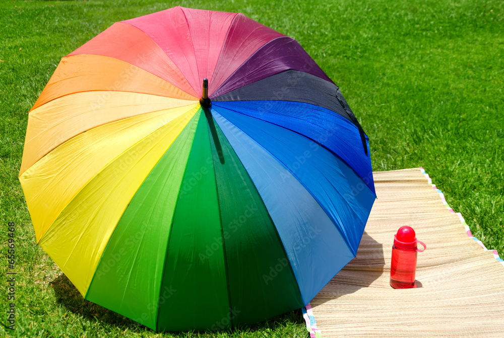 Umbrella and water bottle on the grass