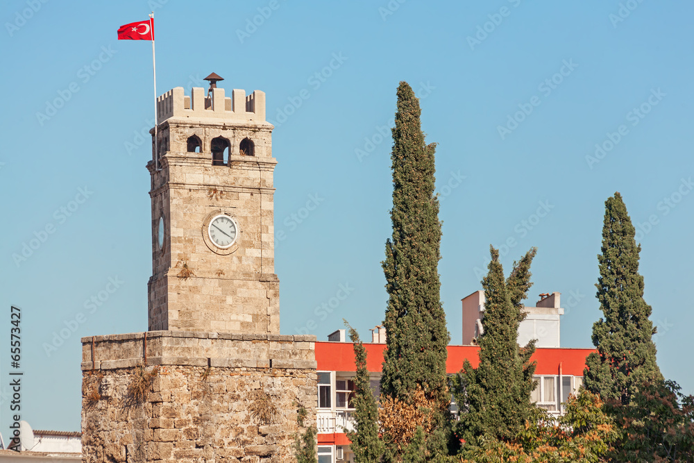 Fototapeta premium Aincient clock tower Saat Kulesi. Antalya, Turkey.
