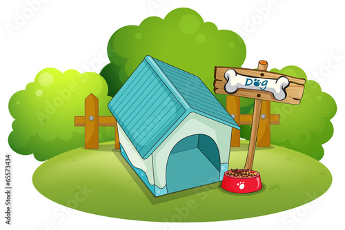 A blue doghouse at the backyard