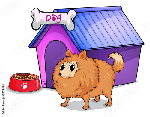 A brown dog outside the doghouse