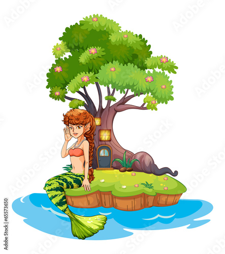 A beautiful mermaid near the treehouse