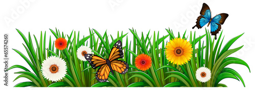 A garden with blooming flowers and butterflies