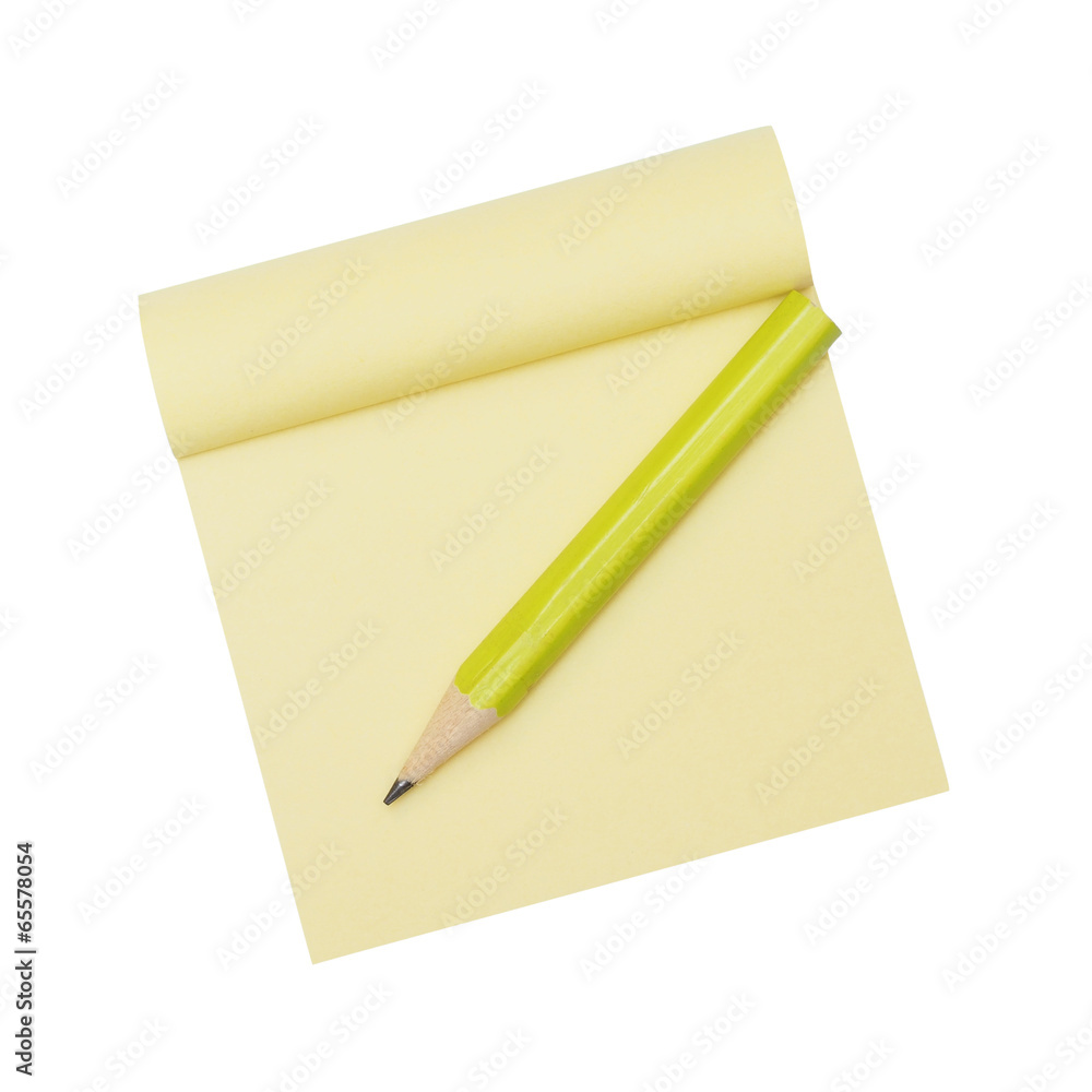 yellow note paper and pencil on white background, top view yellow note paper and pencil on white background, top view