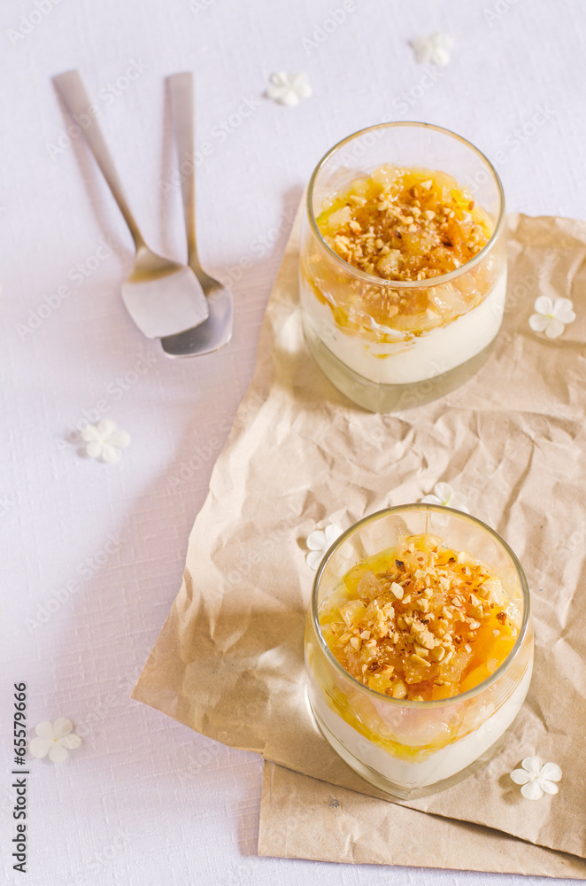 creamy dessert with caramelized pears and nuts creamy dessert with caramelized pears and nuts
