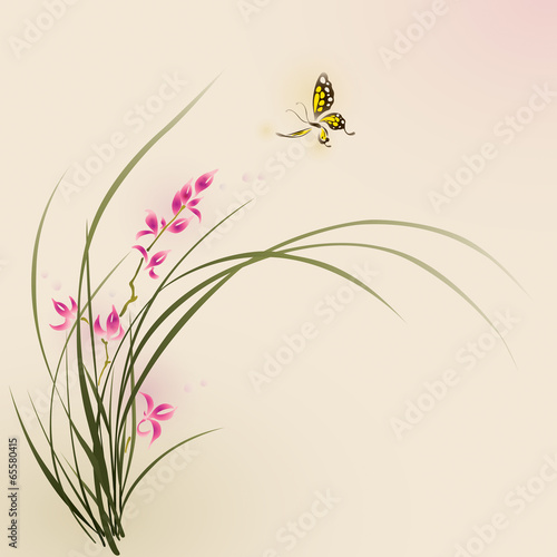 Oriental style painting, orchid flowers and butterfly