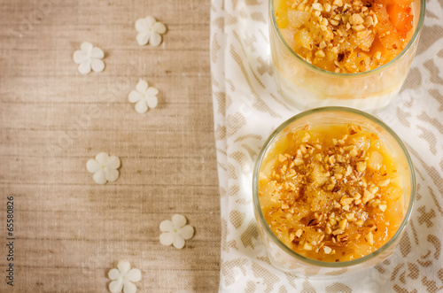 creamy dessert with caramelized pears and nuts