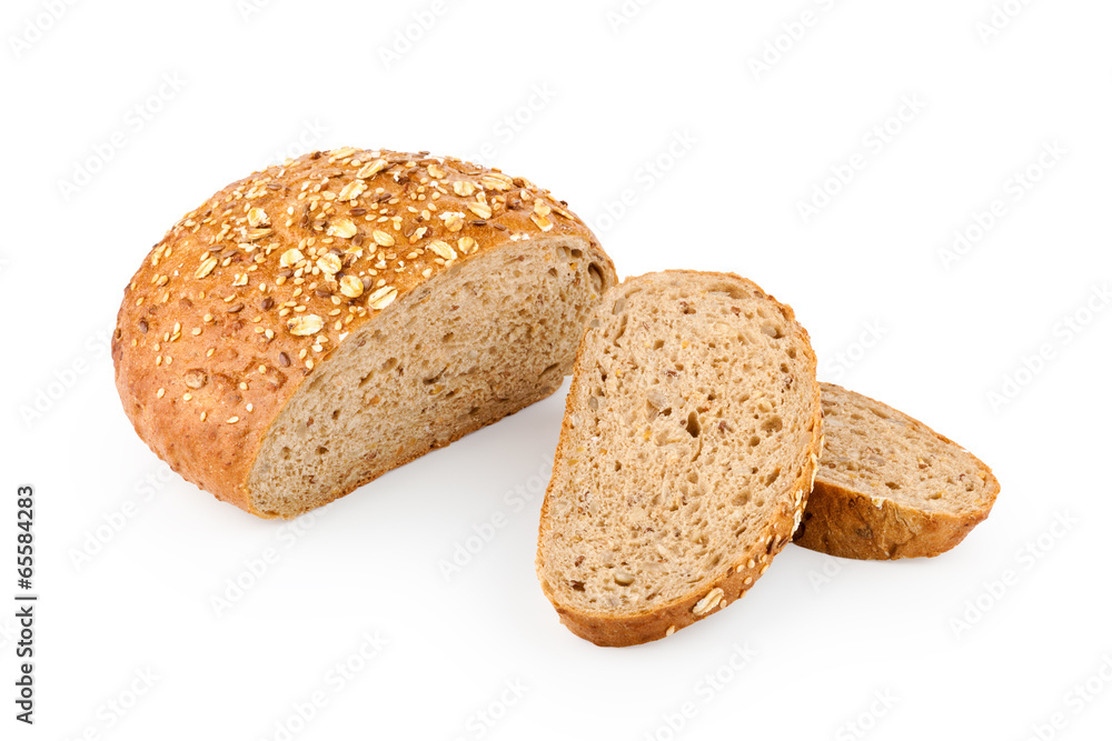 Sliced loaf of fresh homemade bread on white Sliced loaf of fresh homemade bread on white