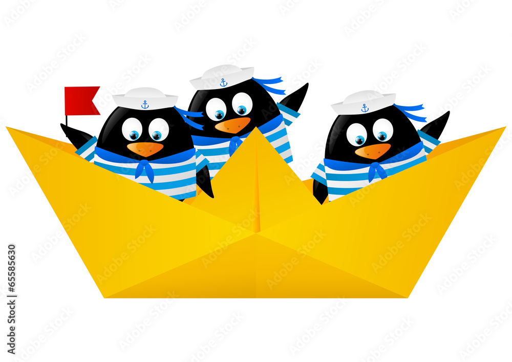 Naklejka premium Cute penguin sailors in paper boat