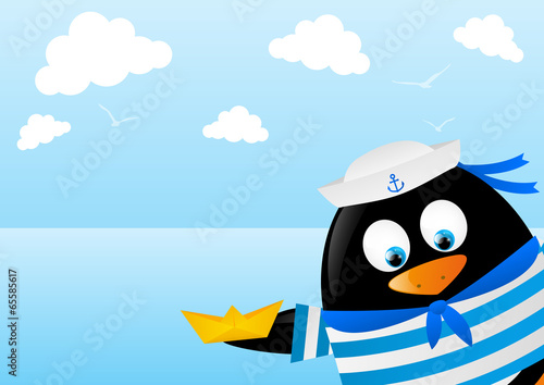 Cute penguin sailor on sea background