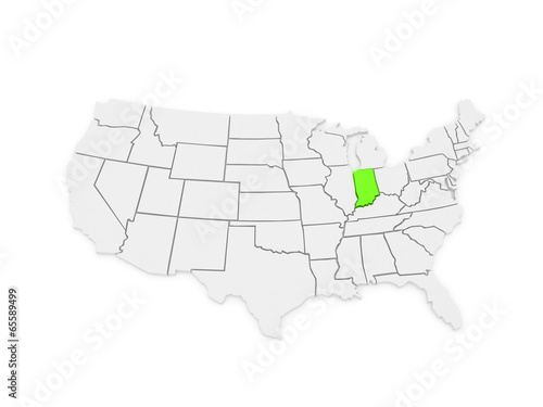 Three-dimensional map of Indiana. USA.