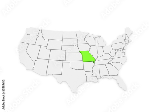 Three-dimensional map of Missouri. USA.