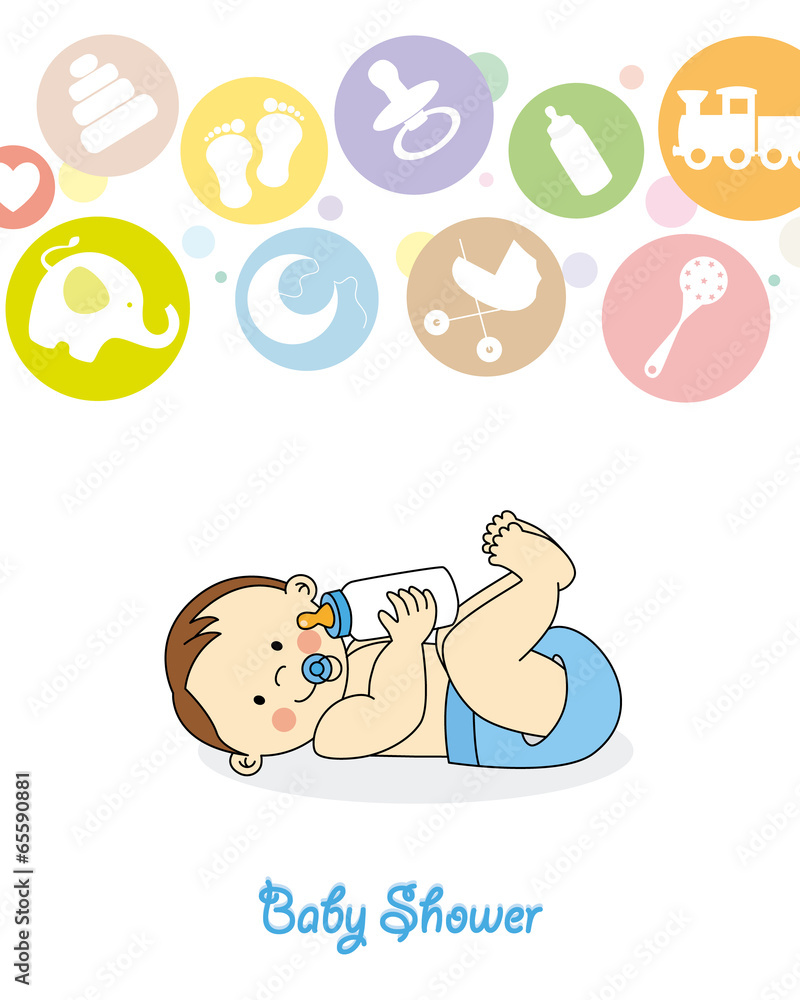 Baby shower. baby boy with baby bottle Baby shower. baby boy with baby bottle