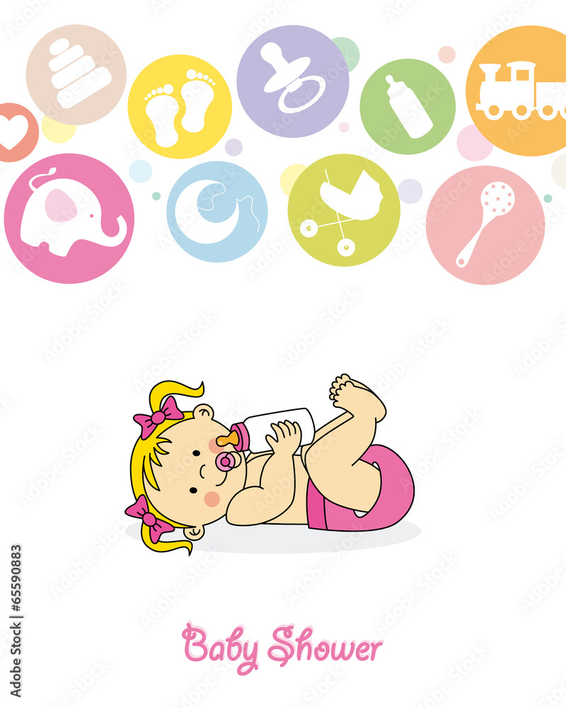 Baby shower. baby girl with baby bottle Baby shower. baby girl with baby bottle