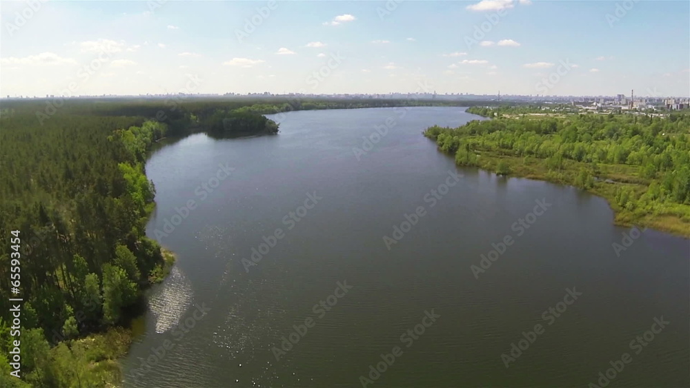 Suburban landscape with lake . Aerial movement Suburban landscape with lake . Aerial movement